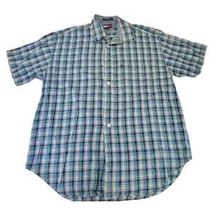 Tommy Jeans Mens Plaid Button Up‎ Shirt Short Sleeve Blue Casual Large